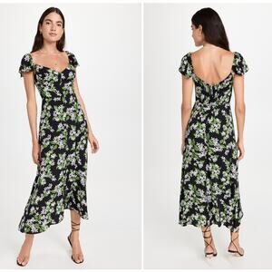 Reformation Baxley Dress Green Black Floral in Aroma